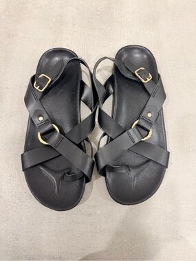 Old Navy Black Crisscross Slingback Sandals with Gold Accents